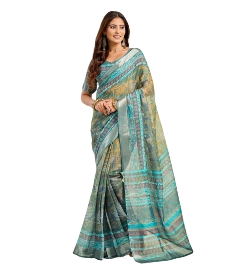 Women's Faux Linen Printed Ready to wear Saree With Unstitched Blouse 5.5Mtr (Multicolor)