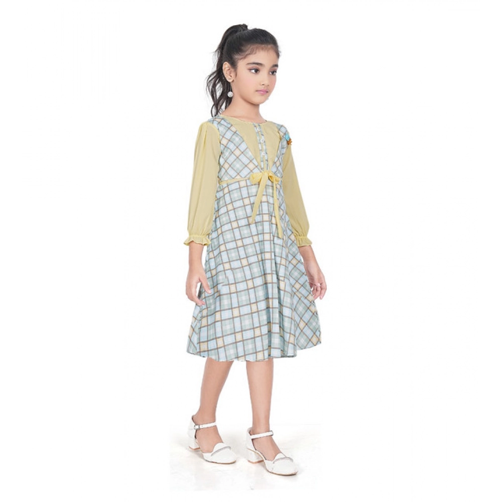 Girl's Digital Twill Striped 3/4 th Sleeve Round Neck Dress (Light Green)