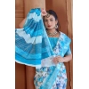 Dropship Women's Printed Cotton Linen Saree withPrinted  Saree With Unstitched Blouse (Blue, 5-6Mtrs)