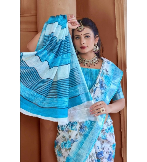 Women's Printed Cotton Linen Saree withPrinted  Saree With Unstitched Blouse (Blue, 5-6Mtrs)