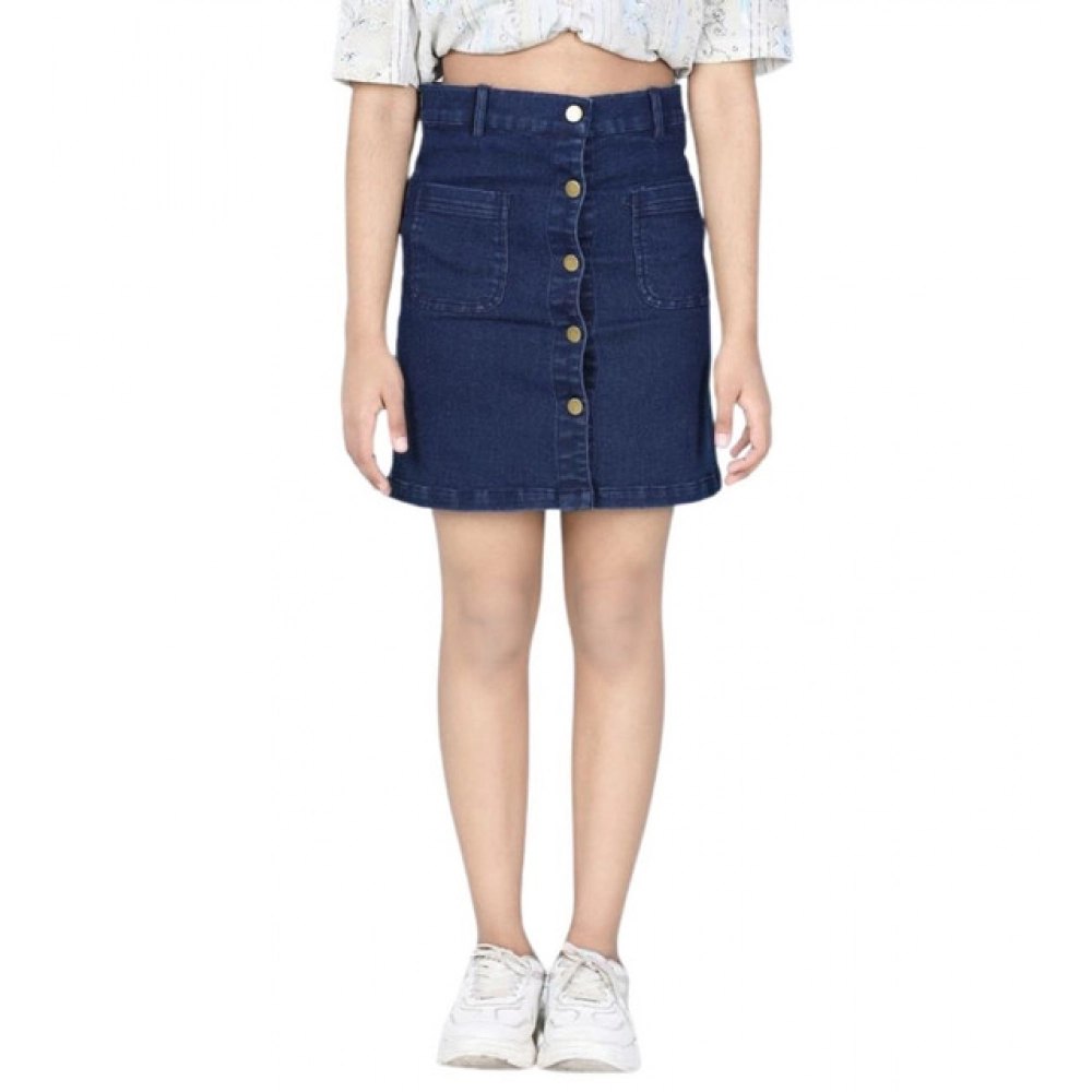 Girl's Denim Solid Buttoned Skirt (Navy Blue) Girl's Denim Solid Buttoned Skirt (Navy Blue)