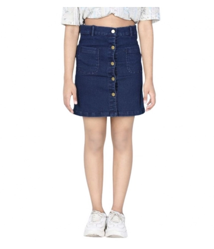 Girl's Denim Solid Buttoned Skirt (Navy Blue)