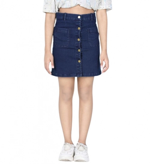 Girl's Denim Solid Buttoned Skirt (Navy Blue)