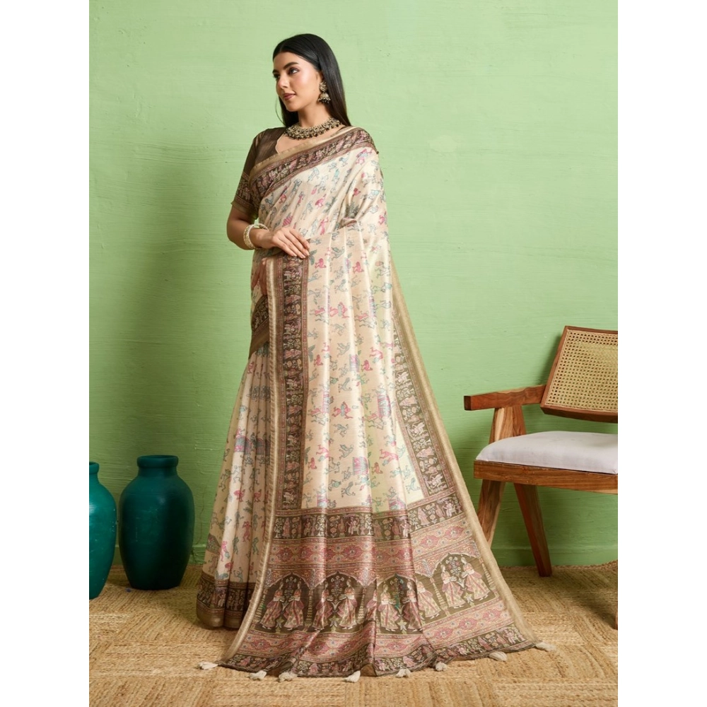 Women's Silk Blend Printed Saree With Unstitched Blouse 5.5Mtr (Cream) Women's Silk Blend Printed Saree With Unstitched Blouse 5.5Mtr (Cream)