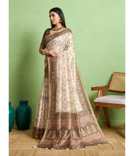 Women's Silk Blend Printed Saree With Unstitched Blouse 5.5Mtr (Cream) Women's Silk Blend Printed Saree With Unstitched Blouse 5.5Mtr (Cream)
