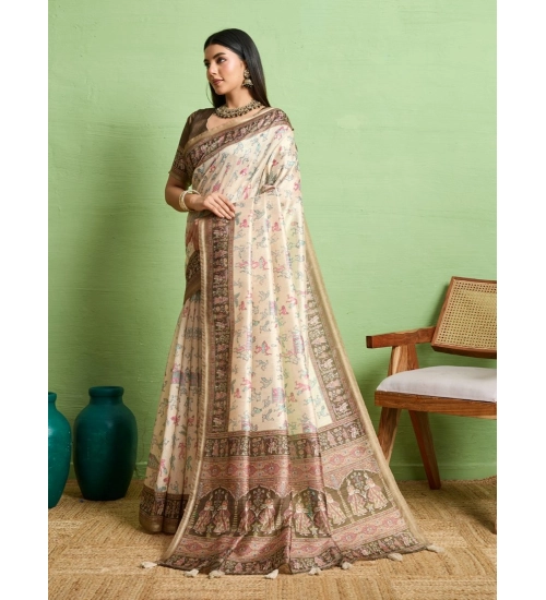 Women's Silk Blend Printed Saree With Unstitched Blouse 5.5Mtr (Cream)