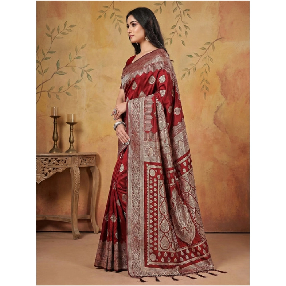 Women's Silk Blend Printed Saree With Unstitched Blouse 5.5Mtr (Maroon) Women's Silk Blend Printed Saree With Unstitched Blouse 5.5Mtr (Maroon)