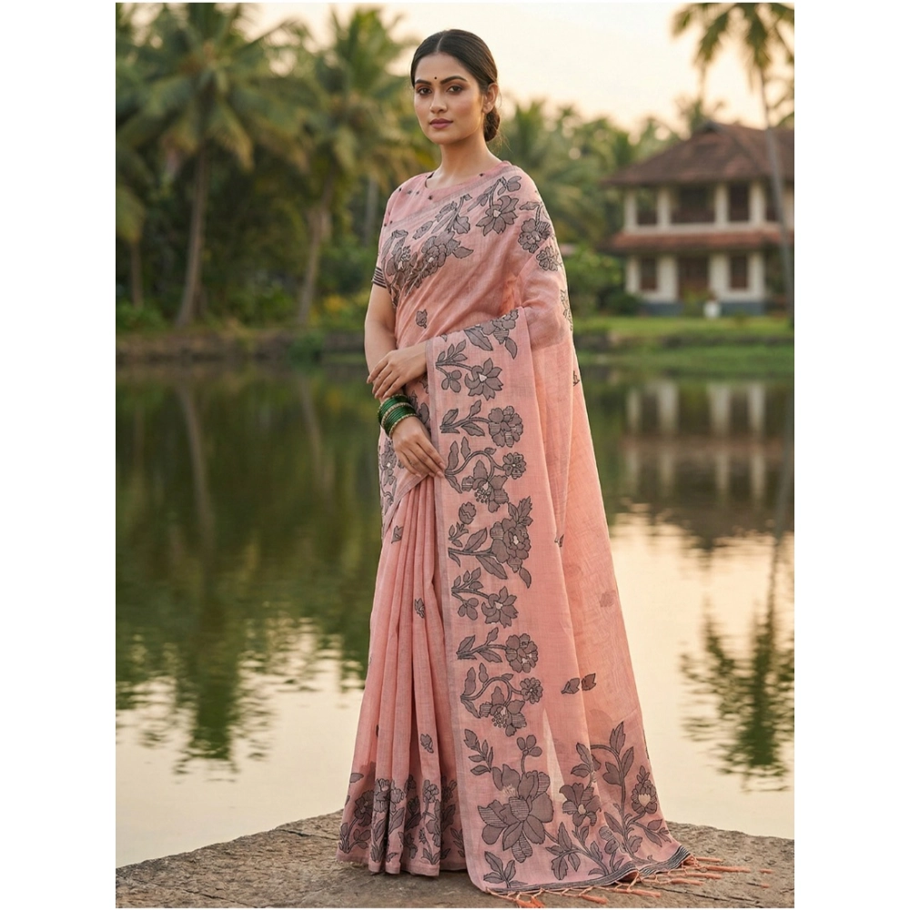 Women's Linen Cotton Printed Saree With Unstitched Blouse 5.5Mtr (Peach) Women's Linen Cotton Printed Saree With Unstitched Blouse 5.5Mtr (Peach)