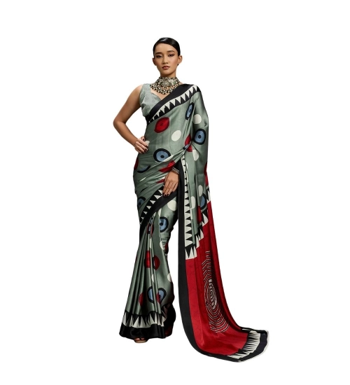 Women's Satin Crepe Printed Saree With Unstitched Blouse 5.5Mtr (Multicolor)
