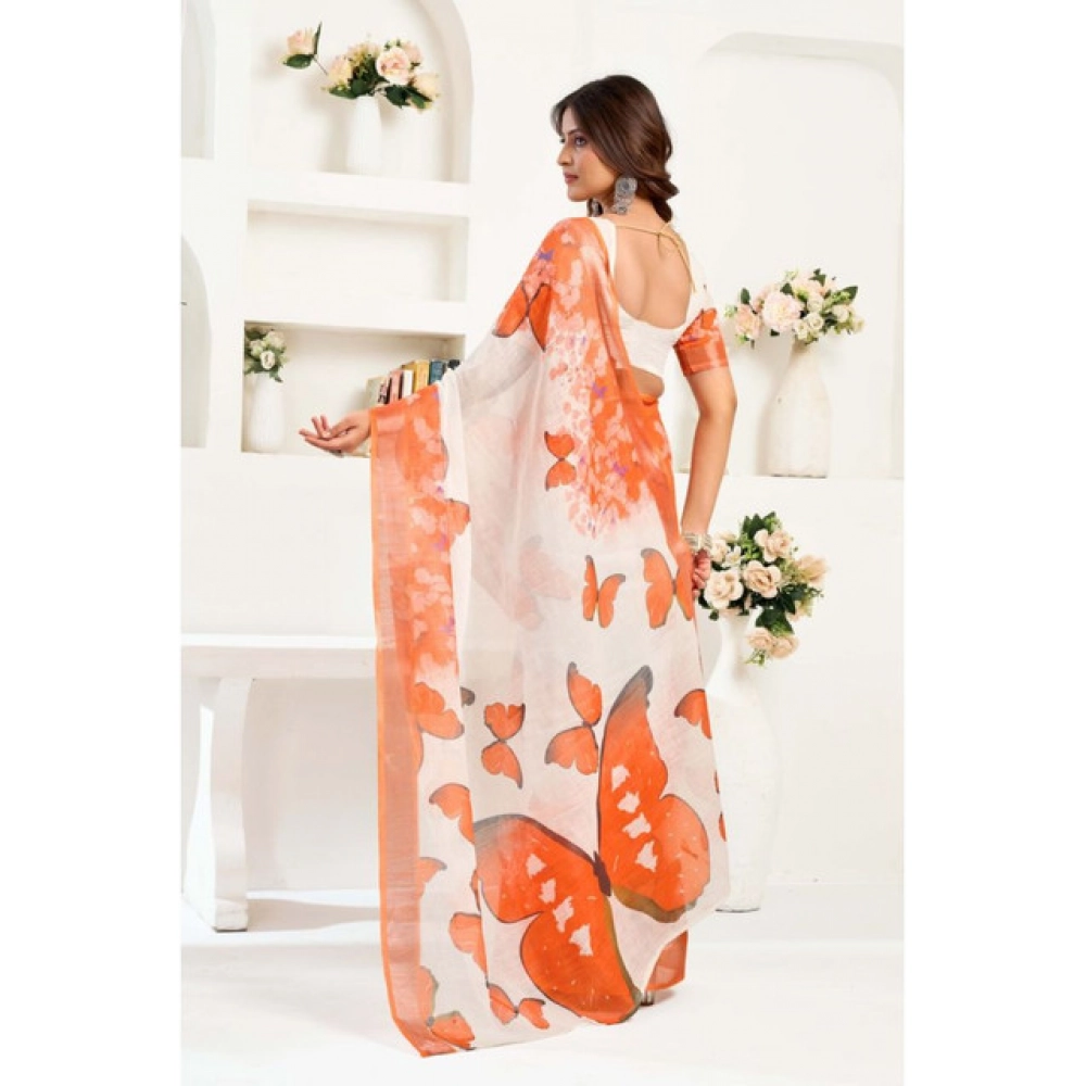 Women's Linen Cotton Printed Ready To Wear Saree With Unstitched Blouse 5.5 Mtr (Orange) Women's Linen Cotton Printed Ready To Wear Saree With Unstitched Blouse 5.5 Mtr (Orange)