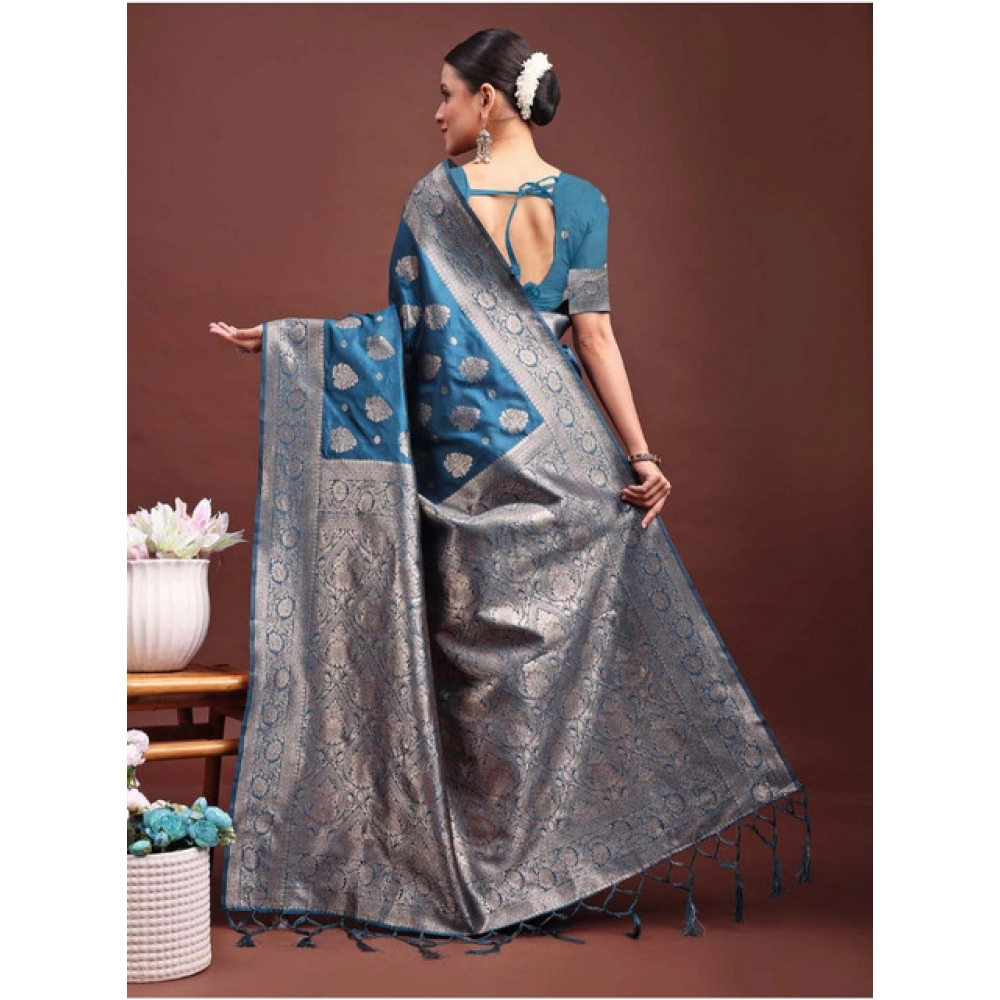 Women's Banarasi Silk Printed Saree With Unstitched Blouse 5.5Mtr (Teal Blue) Women's Banarasi Silk Printed Saree With Unstitched Blouse 5.5Mtr (Teal Blue)