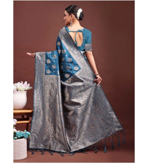 Women's Banarasi Silk Printed Saree With Unstitched Blouse 5.5Mtr (Teal Blue)