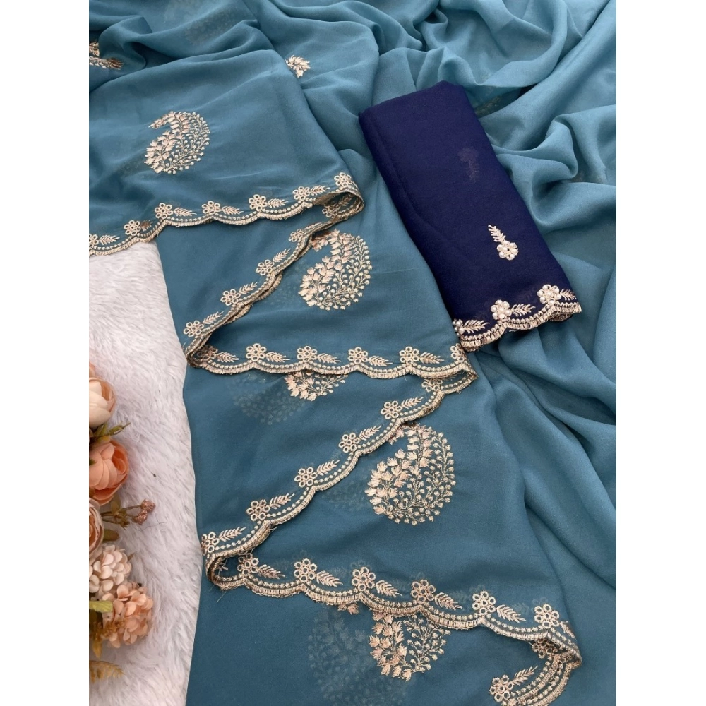 Women's Digital Printed  Georgette Saree With Unstitched Blouse (Sky, 5-6 Mtrs)