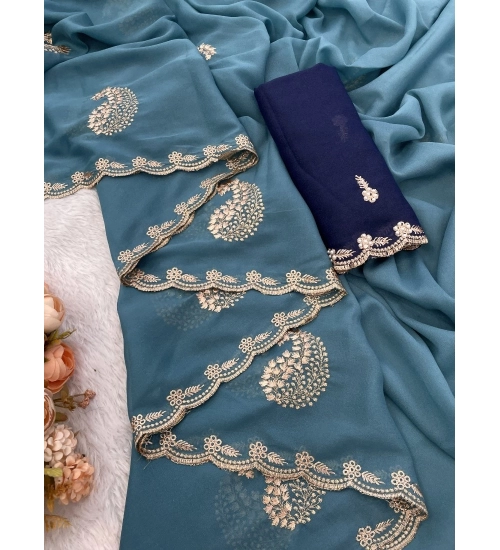 Women's Digital Printed  Georgette Saree With Unstitched Blouse (Sky, 5-6 Mtrs)