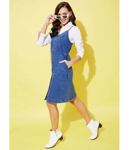 Women's Denim Washed Shoulder Straps Dress (Blue)
