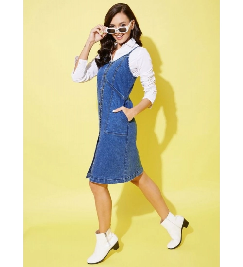 Women's Denim Washed Shoulder Straps Dress (Blue)