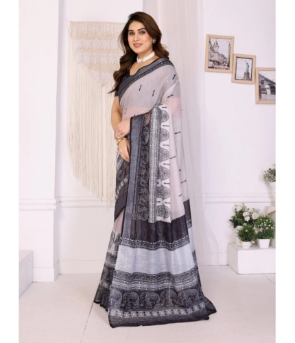 Women's Linen Cotton Printed Saree With Unstitched Blouse 5.5Mtr (White & Black) Women's Linen Cotton Printed Saree With Unstitched Blouse 5.5Mtr (White & Black)