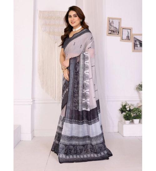 Women's Linen Cotton  Printed Saree With Unstitched Blouse 5.5Mtr (White &amp; Black)