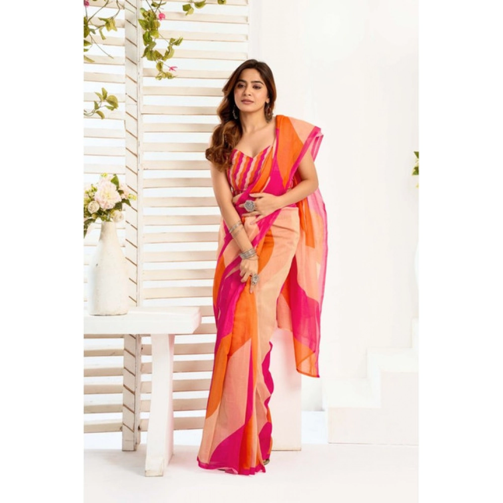 Women's Linen Cotton Printed Ready To Wear Saree With Unstitched Blouse 5.5 Mtr (Multicolor)