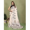 Women's Linen Cotton Printed Saree With Unstitched Blouse 5.5Mtr (Off White)