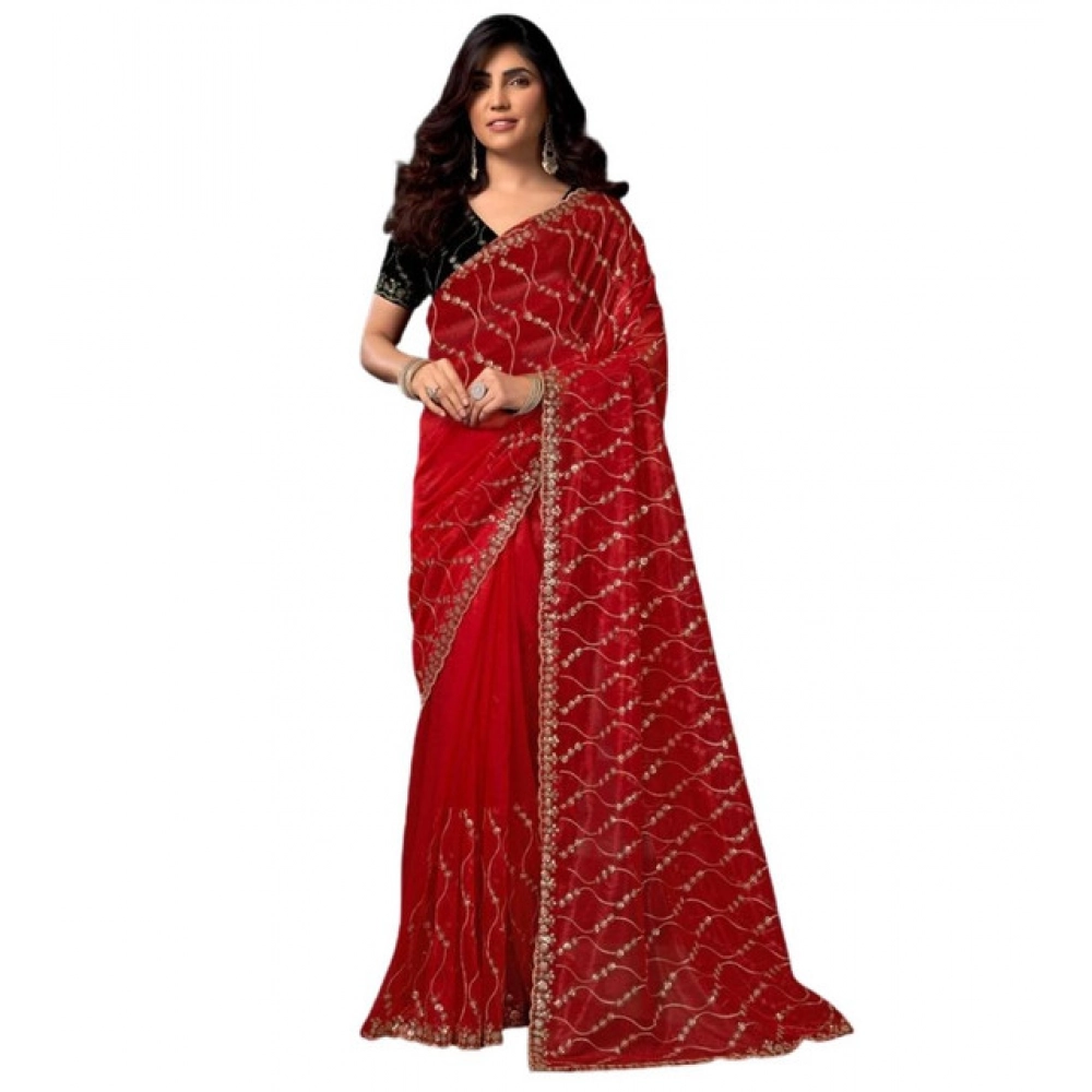 Women's Net Sequence Saree With Unstitched Blouse 5.5Mtr (Red) Women's Net Sequence Saree With Unstitched Blouse 5.5Mtr (Red)