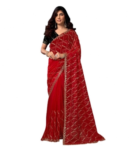 Women's Net Sequence Saree With Unstitched Blouse 5.5Mtr (Red)