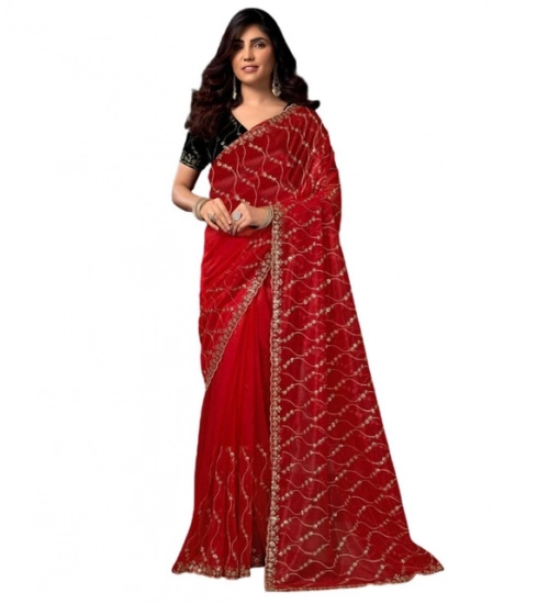 Women's Net Sequence Saree With Unstitched Blouse 5.5Mtr (Red) Women's Net Sequence Saree With Unstitched Blouse 5.5Mtr (Red)