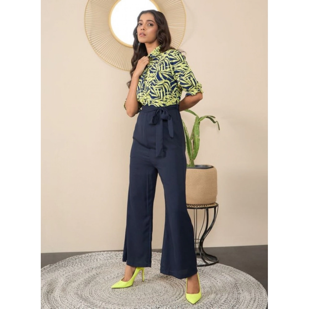 Women's Polyester Floral Half Sleeves Jumpsuit (Navy - Yellow)