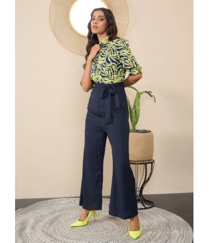 Women's Polyester Floral Half Sleeves Jumpsuit (Navy - Yellow)