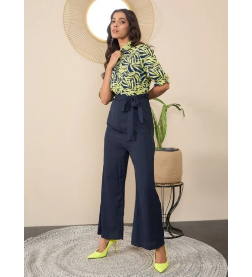 Women's Polyester Floral Half Sleeves Jumpsuit (Navy - Yellow)