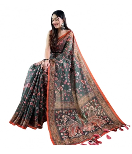 Women's Linen Printed Saree With Unstitched Blouse 5.5Mtr (Green)