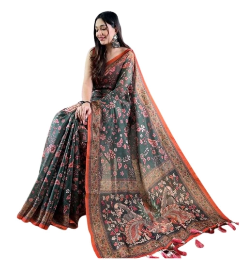 Women's Linen Printed Saree With Unstitched Blouse 5.5Mtr (Green)