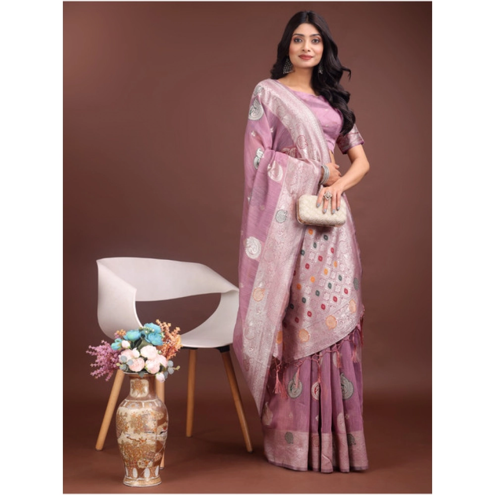 Women's Linen Cotton Printed Saree With Unstitched Blouse 5.5Mtr (Purple) Women's Linen Cotton Printed Saree With Unstitched Blouse 5.5Mtr (Purple)