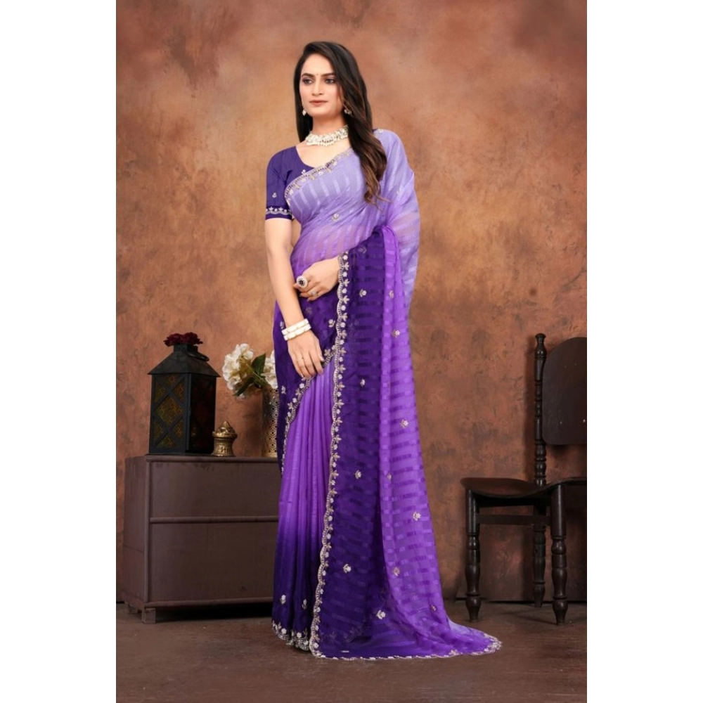 Women's Chiffon Embroidred Saree With Unstitched Blouse 5.5Mtr (Purple) Women's Chiffon Embroidred Saree With Unstitched Blouse 5.5Mtr (Purple)