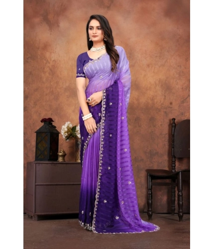 Women's Chiffon Embroidred Saree With Unstitched Blouse 5.5Mtr (Purple) Women's Chiffon Embroidred Saree With Unstitched Blouse 5.5Mtr (Purple)