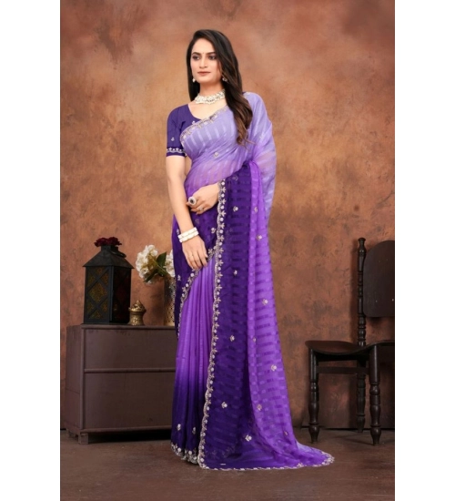 Women's Chiffon Embroidred Saree With Unstitched Blouse 5.5Mtr (Purple)