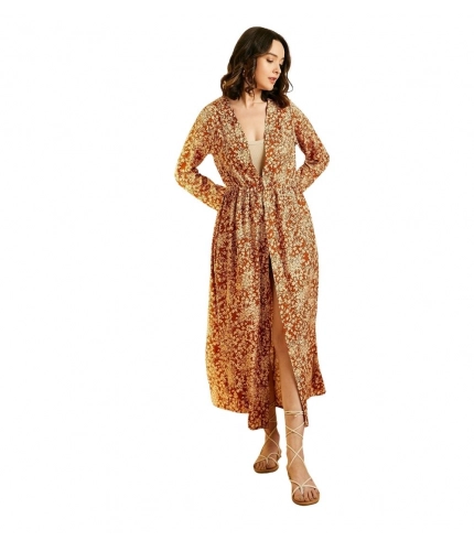 Women's Polyester Floral Long Sleeves Shrug (Brown)