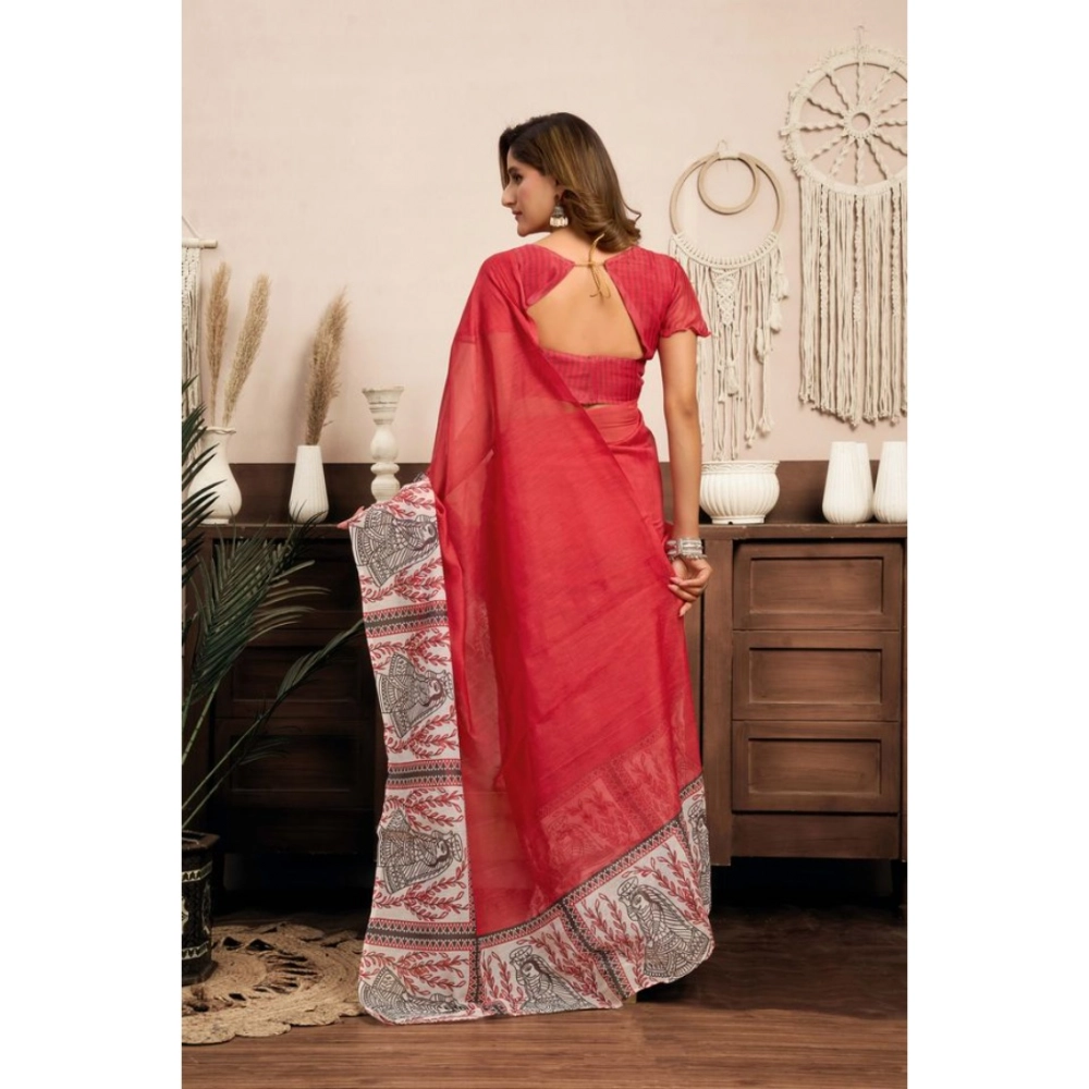 Women's Linen Cotton Printed Ready To Wear Saree With Unstitched Blouse 5.5 Mtr (Red)