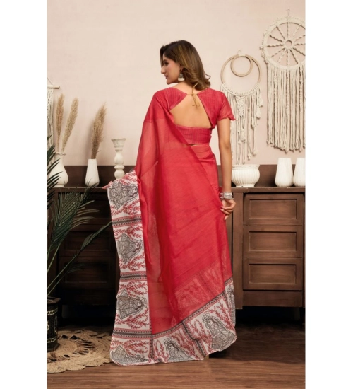 Women's Linen Cotton Printed Ready To Wear Saree With Unstitched Blouse 5.5 Mtr (Red)
