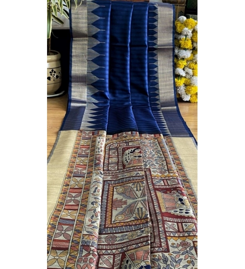 Women's Tussar Silk Madhubani Saree With Unstitched Blouse 5.5Mtr (Blue)