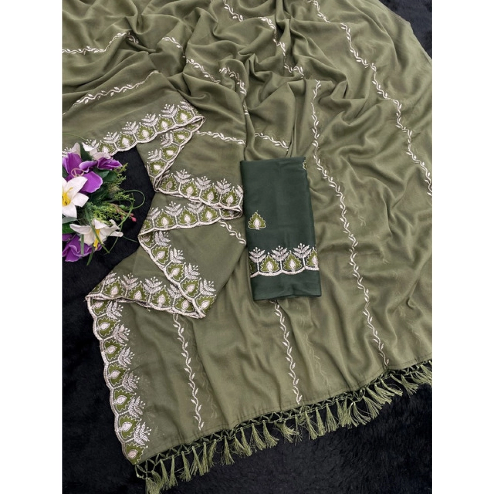 Women's Georgette Embroidered Saree With Unstitched Blouse 5.5Mtr (Mehendi)