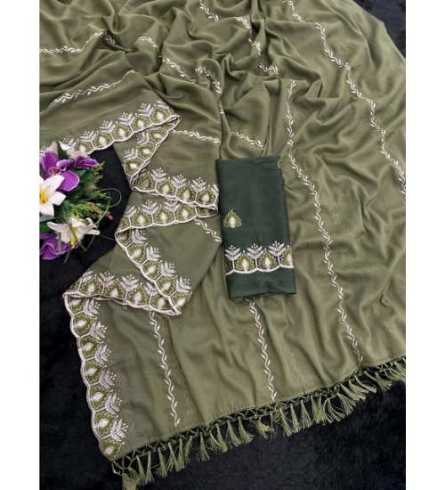 Women's Georgette Embroidered Saree With Unstitched Blouse 5.5Mtr (Mehendi)