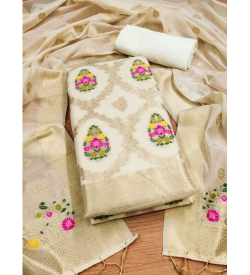 Women's Banarasi Silk Printed Unstitched Salwar Suit Material With Dupatta (White, 3Mtrs)