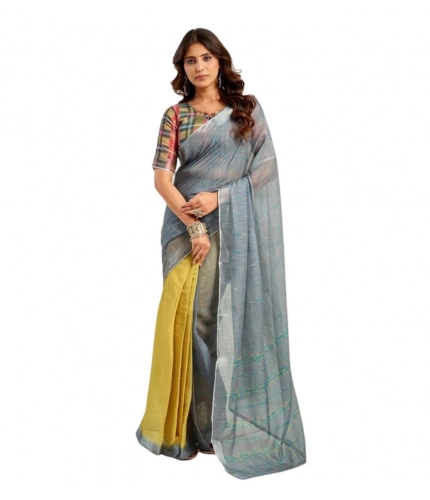 Women's Faux Linen Geometric Ready to wear Saree With Unstitched Blouse 5.5Mtr (Grey) Women's Faux Linen Geometric Ready to wear Saree With Unstitched Blouse 5.5Mtr (Grey)