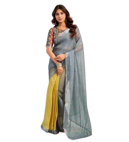 Women's Faux Linen Geometric Ready to wear Saree With Unstitched Blouse 5.5Mtr (Grey) Women's Faux Linen Geometric Ready to wear Saree With Unstitched Blouse 5.5Mtr (Grey)
