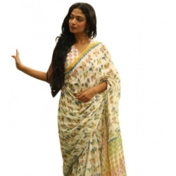 Women's Linen Printed Saree With Unstitched Blouse 5.5Mtr (White)