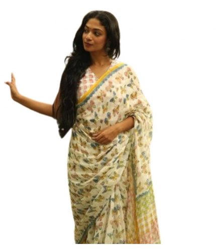 Women's Linen Printed Saree With Unstitched Blouse 5.5Mtr (White)