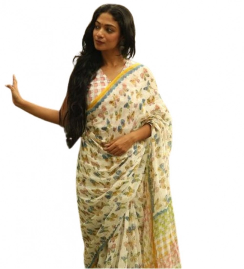Women's Linen Printed Saree With Unstitched Blouse 5.5Mtr (White)