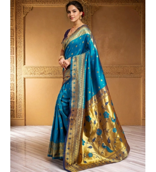 Women's Silk Blend Zari Weaving Saree With Unstitched Blouse 5.5Mtr (Aqua)