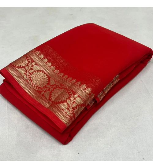 Women's Crepe Chit Pallu Solid Saree With Unstitched Blouse 5.5Mtr (Red)